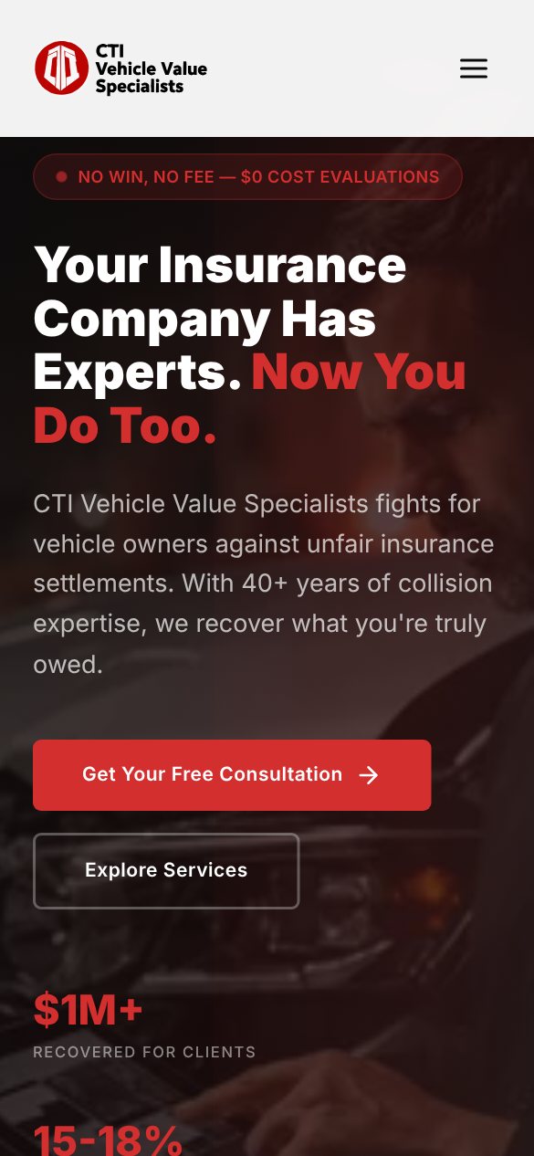 CTI Vehicle Value Specialists website on a phone CTI Vehicle Value Specialists website on a phone